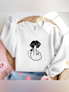 Edgy White Crewneck Sweatshirt Lips Hand Graphic Trendy Gift